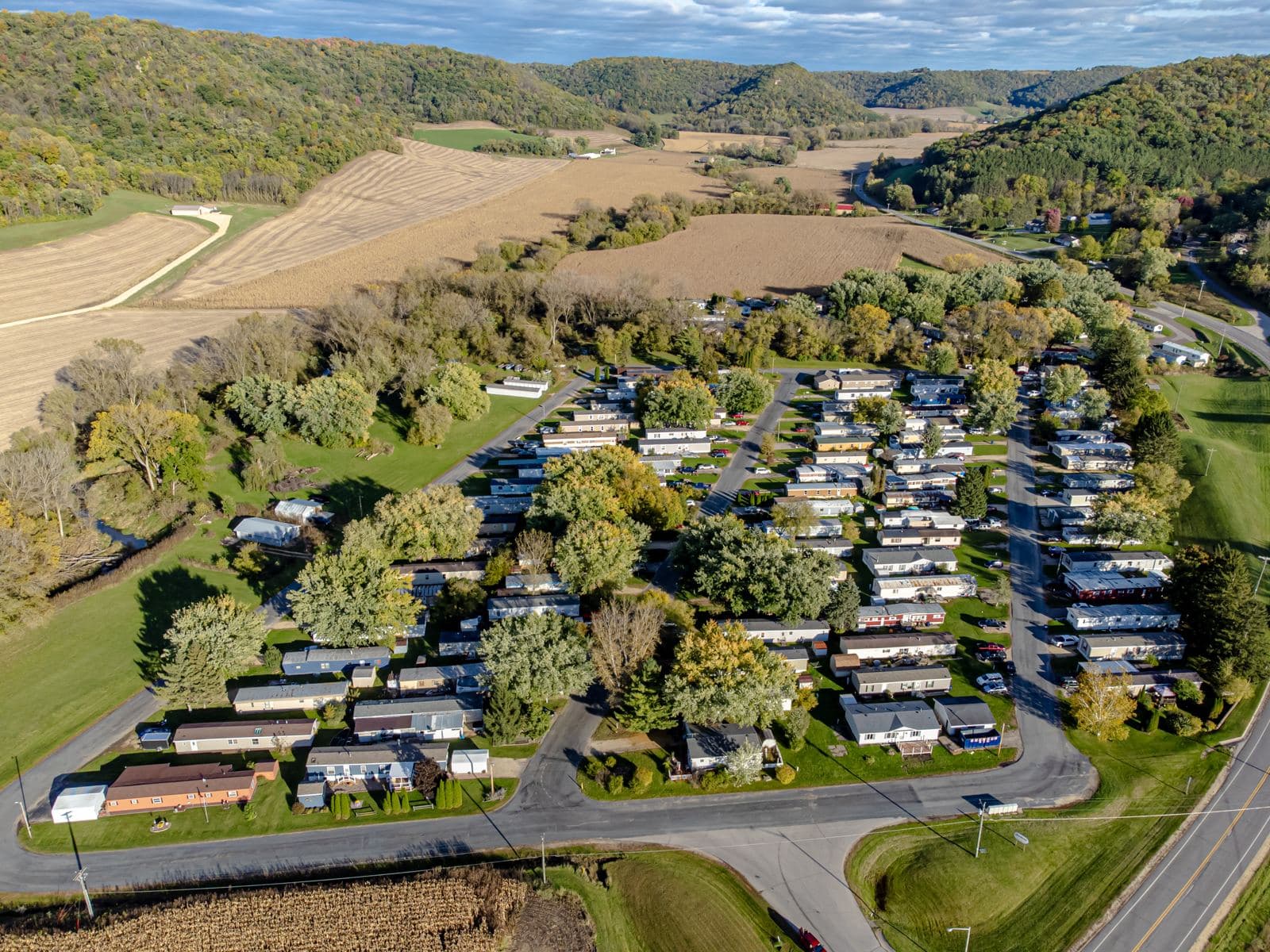Aerial view of a land-lease manufactured-home community