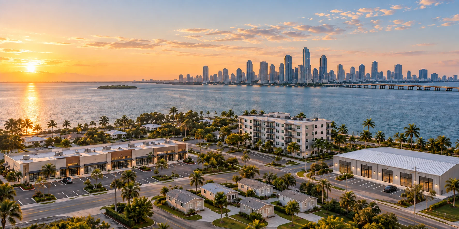 An illustrative sunrise scene over a waterfront city with apartments, shops, homes, and a small-bay industrial building in the foreground